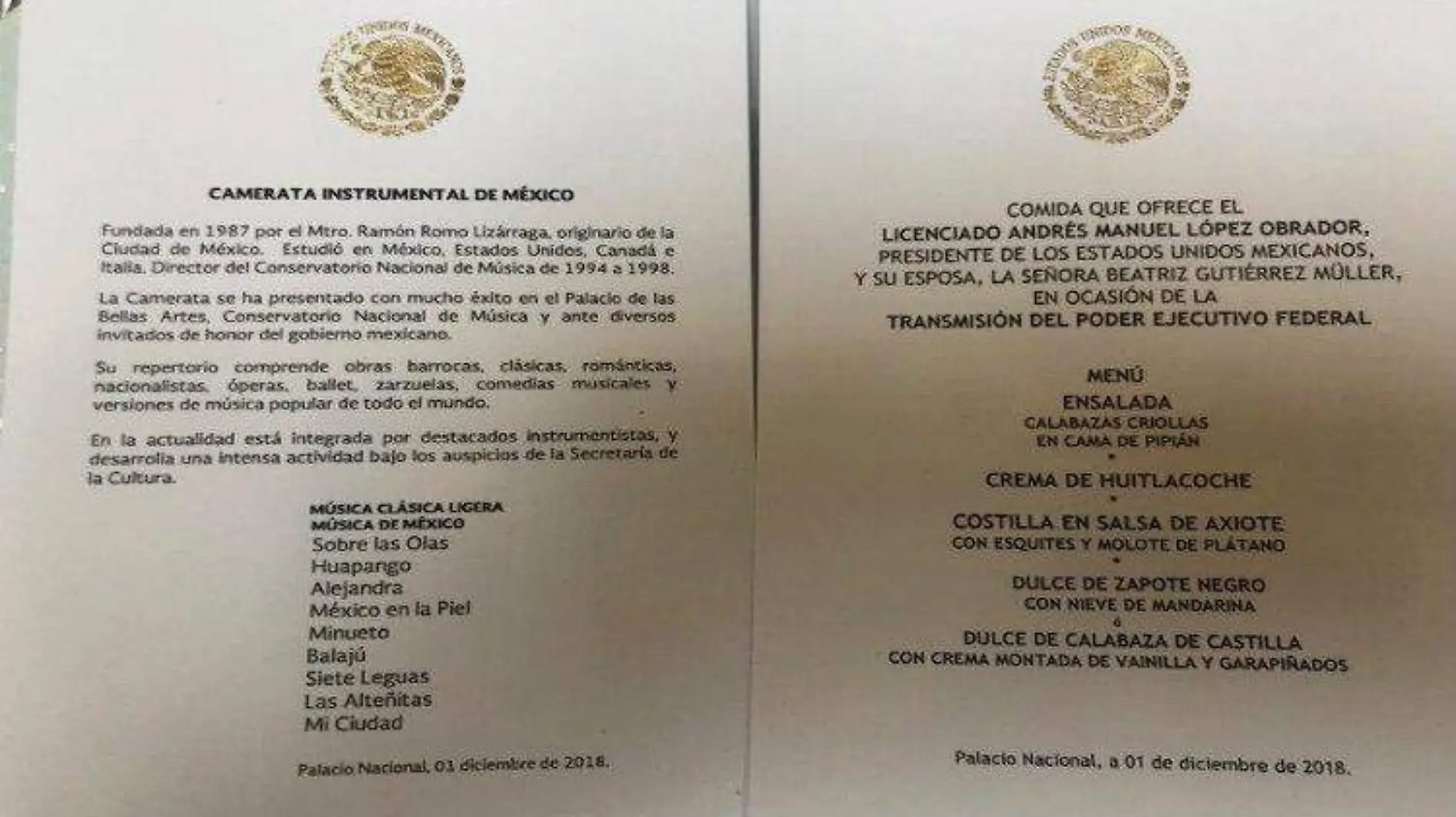 ESPECIAL menu invitados AMLO palacio nacional